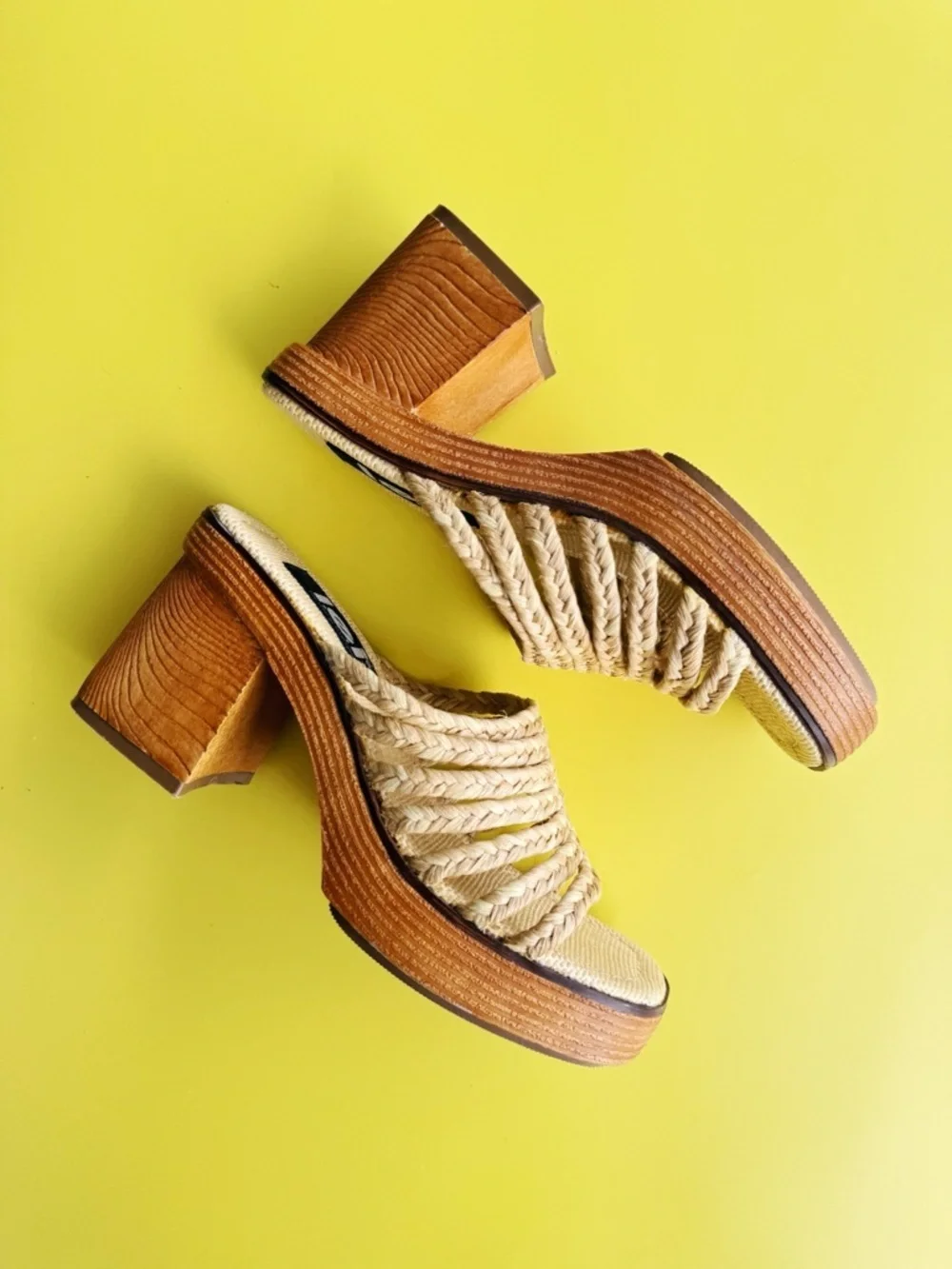 Sz 7 Vtg Y2K L.E.I. Raffia Braided Chunky Block Platform Sandals Boho Glam EUC